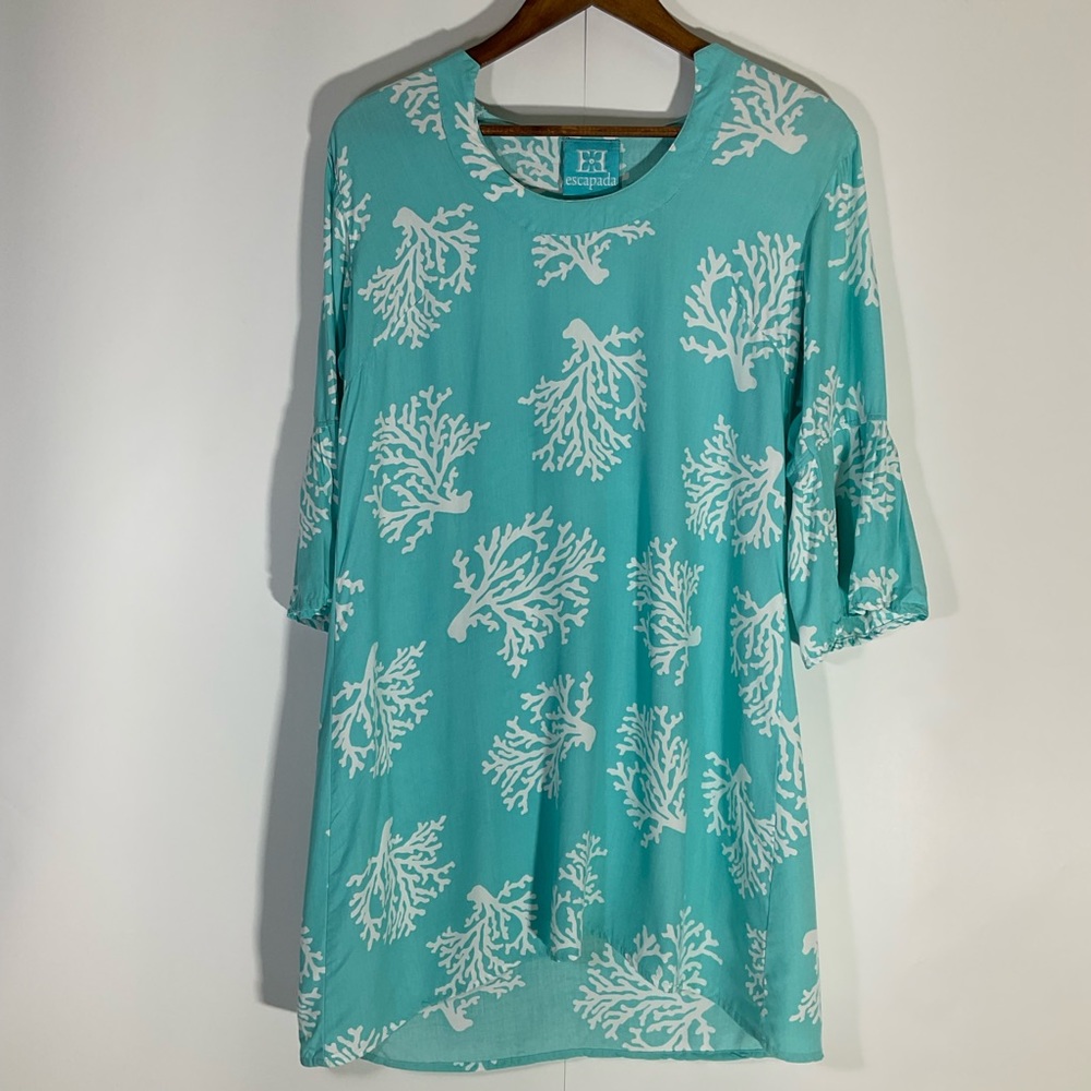 Escapada Swim Cover-Up Turquoise Blue White Coral Pattern Long Sleeve Size Med - Picture 2 of 16